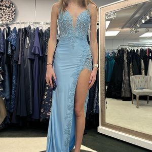 light blue prom dress, fitted, sparkly